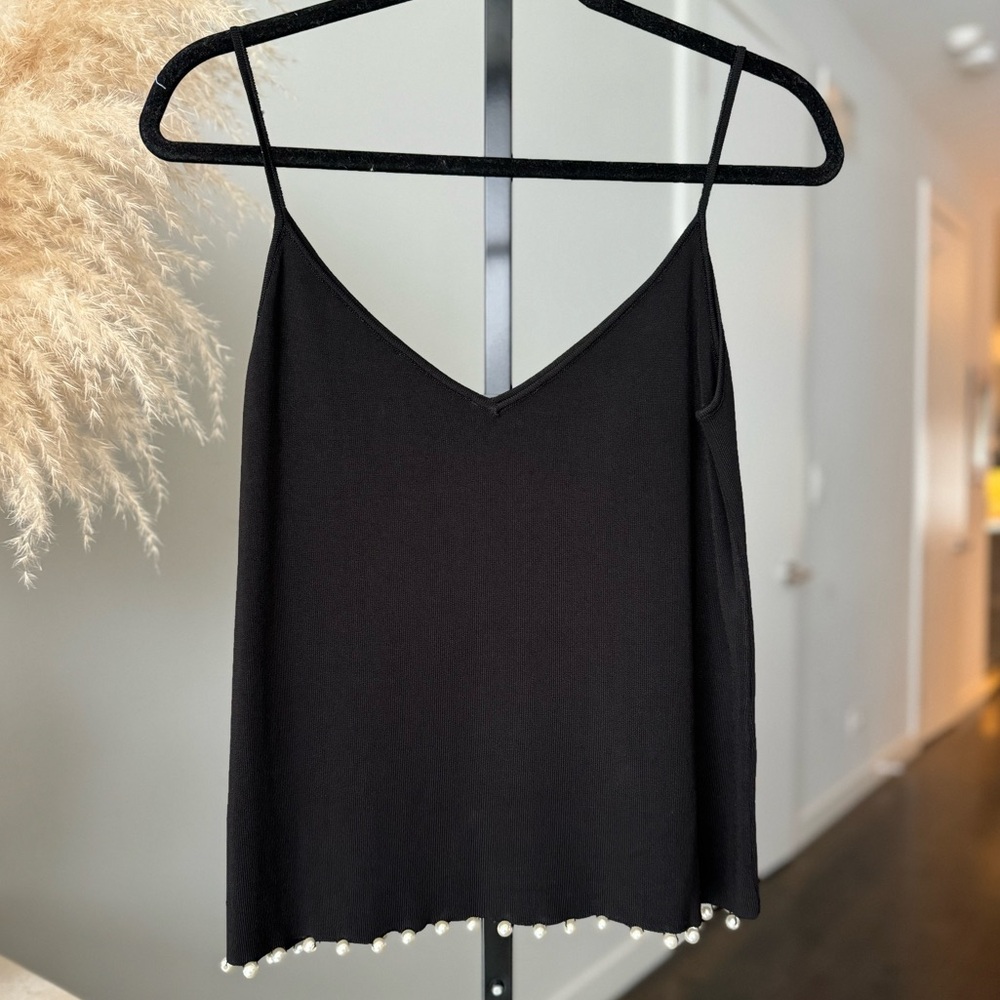 Zara Knit Tank Top with Pearl Detail in Black